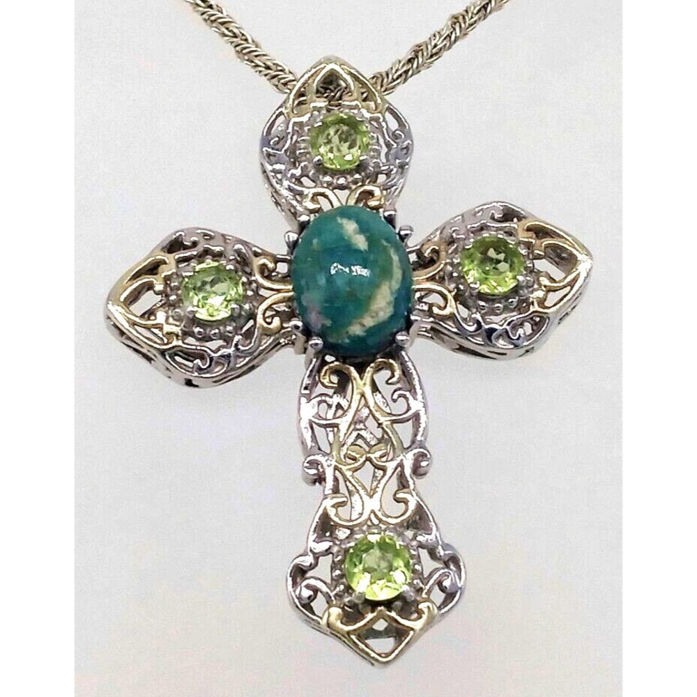 Chuck Clemency Green Amazonite Peridot Cross Pendant Necklace STS 925 Italy